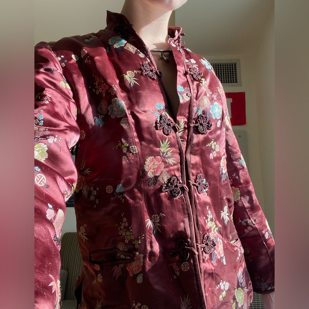 thrifted open cardigan with asian-inspired detailing
